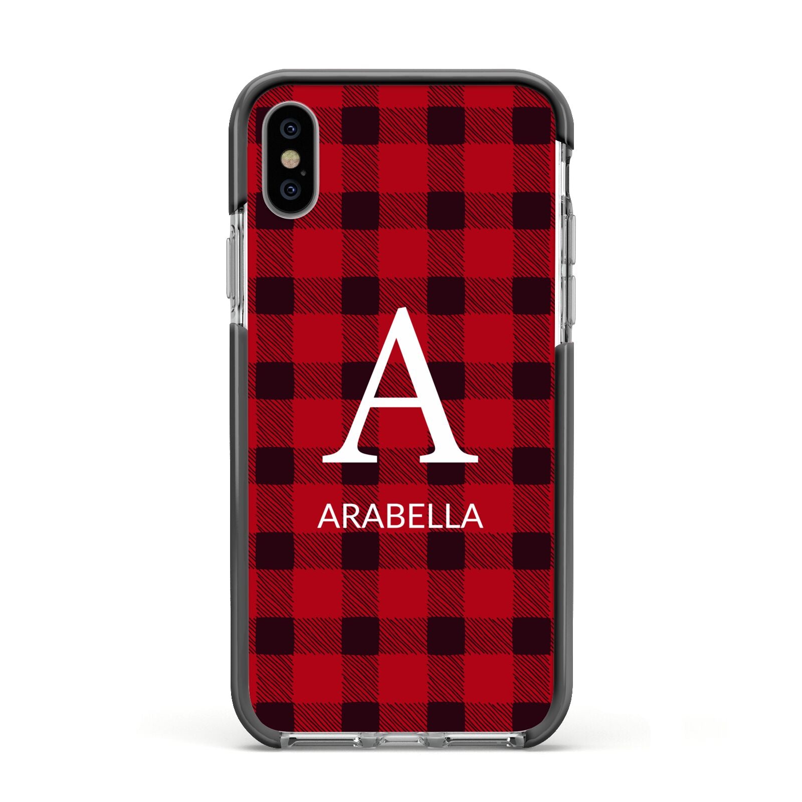 Tartan Christmas Personalised Apple iPhone Xs Impact Case Black Edge on Silver Phone