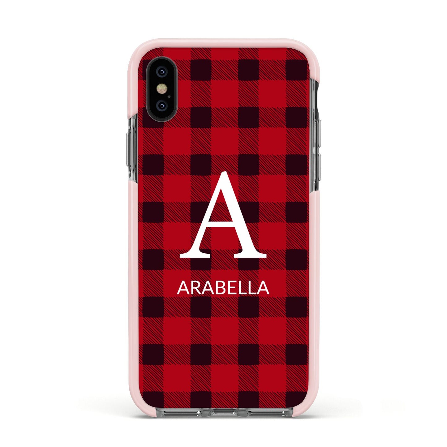 Tartan Christmas Personalised Apple iPhone Xs Impact Case Pink Edge on Black Phone