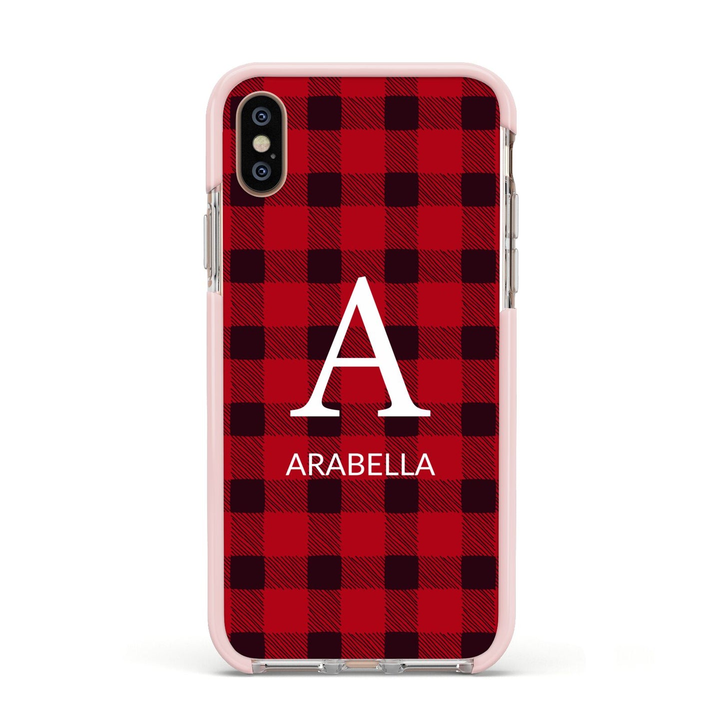 Tartan Christmas Personalised Apple iPhone Xs Impact Case Pink Edge on Gold Phone