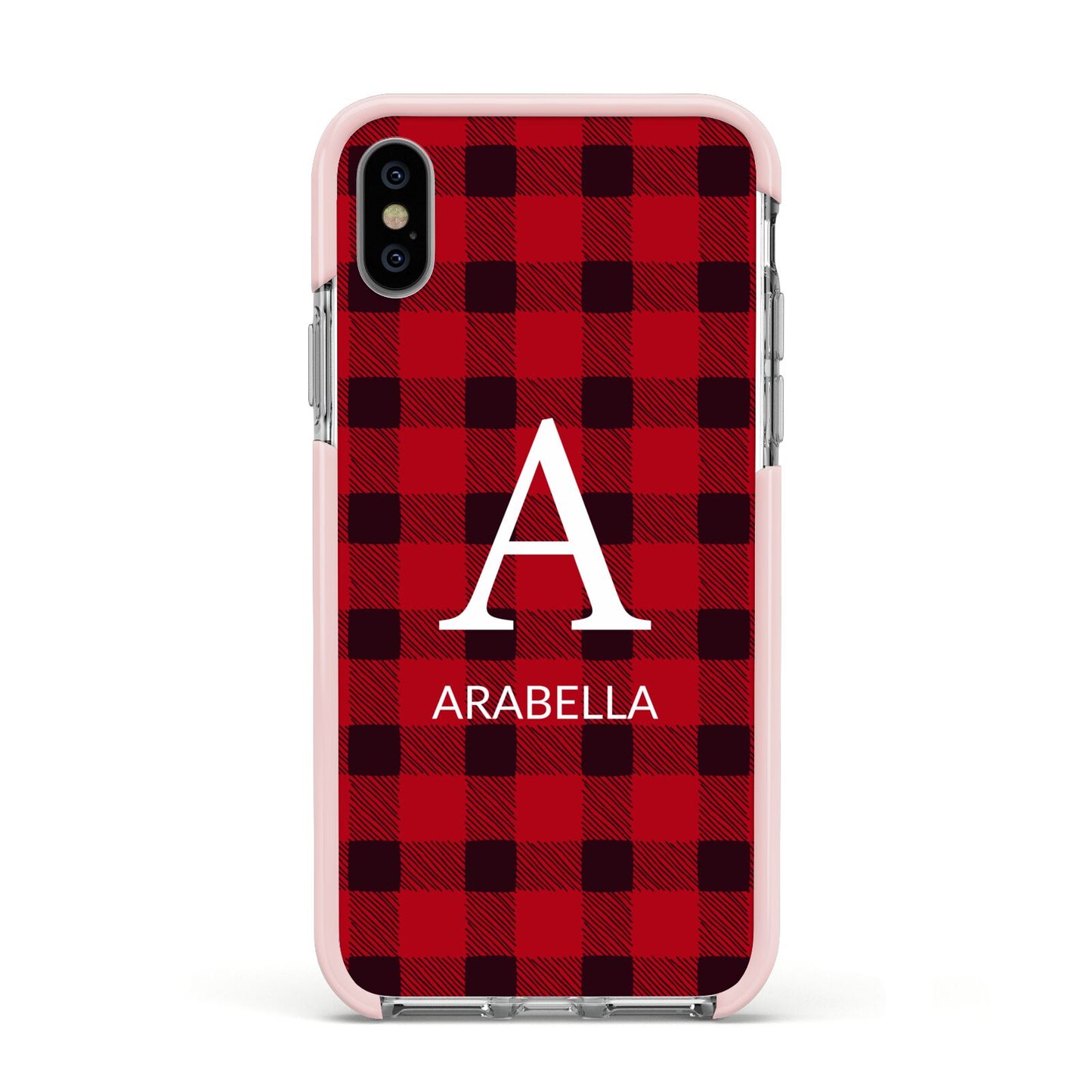 Tartan Christmas Personalised Apple iPhone Xs Impact Case Pink Edge on Silver Phone