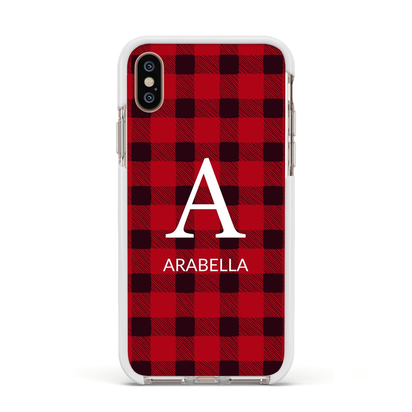 Tartan Christmas Personalised Apple iPhone Xs Impact Case White Edge on Gold Phone