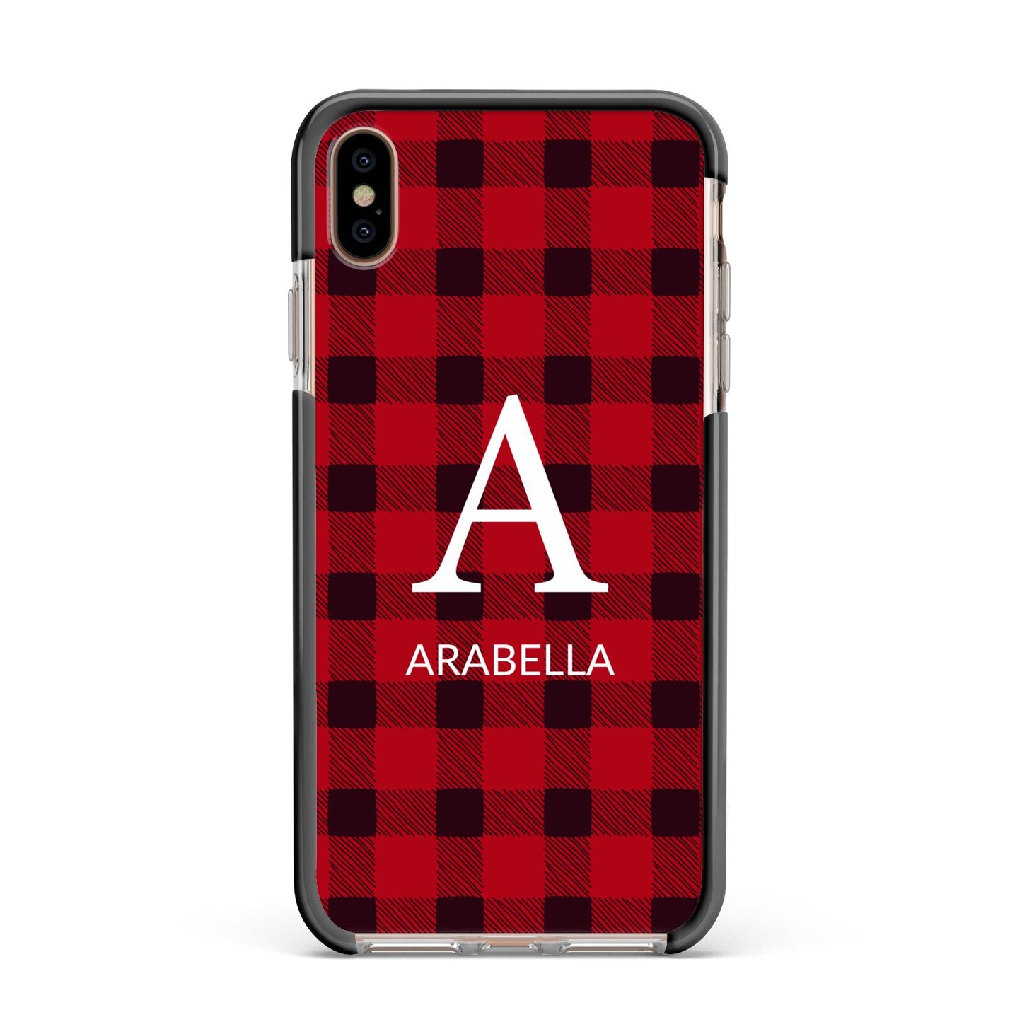 Tartan Christmas Personalised Apple iPhone Xs Max Impact Case Black Edge on Gold Phone