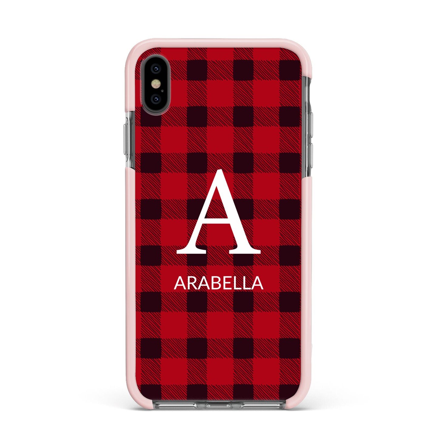 Tartan Christmas Personalised Apple iPhone Xs Max Impact Case Pink Edge on Black Phone