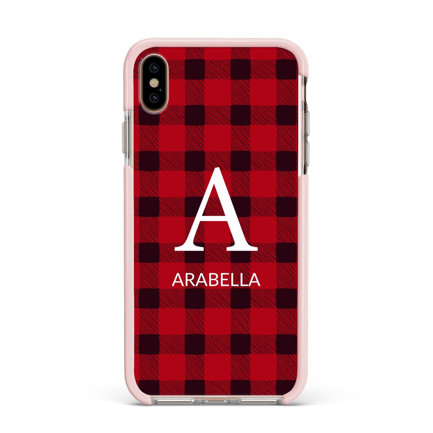 Tartan Christmas Personalised Apple iPhone Xs Max Impact Case Pink Edge on Gold Phone