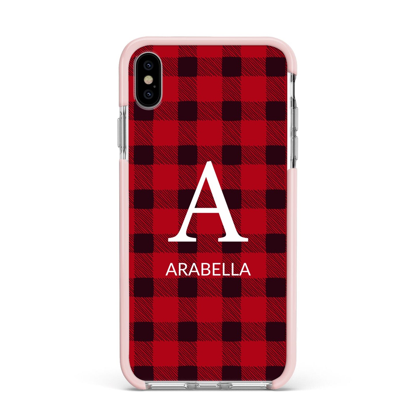 Tartan Christmas Personalised Apple iPhone Xs Max Impact Case Pink Edge on Silver Phone