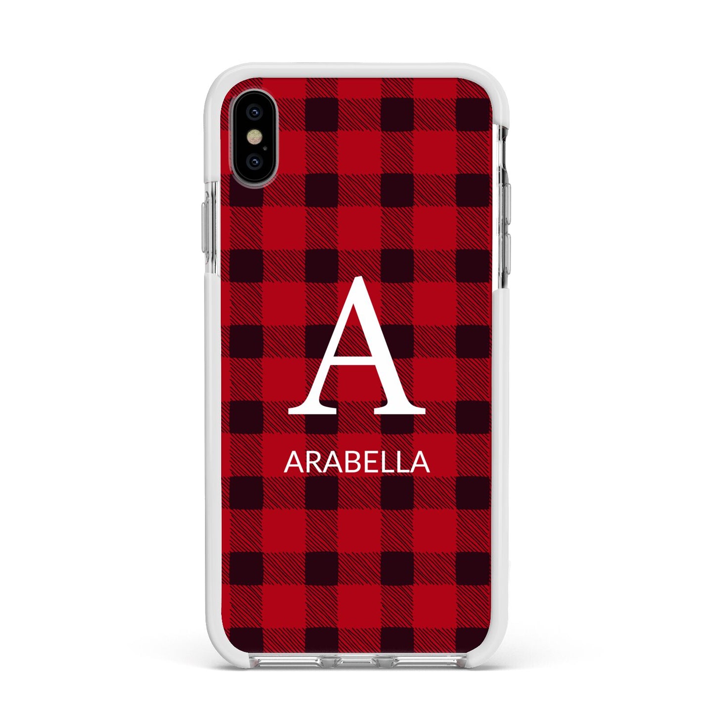 Tartan Christmas Personalised Apple iPhone Xs Max Impact Case White Edge on Silver Phone