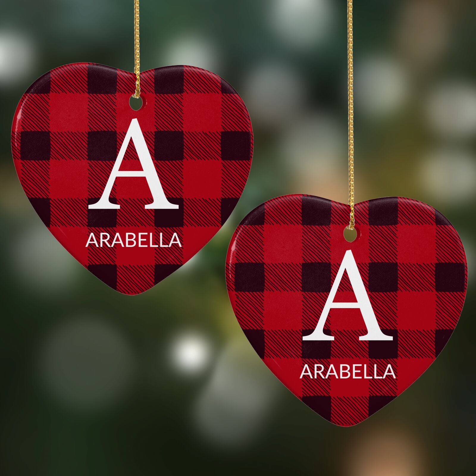 Tartan Christmas Personalised Heart Decoration on Christmas Background