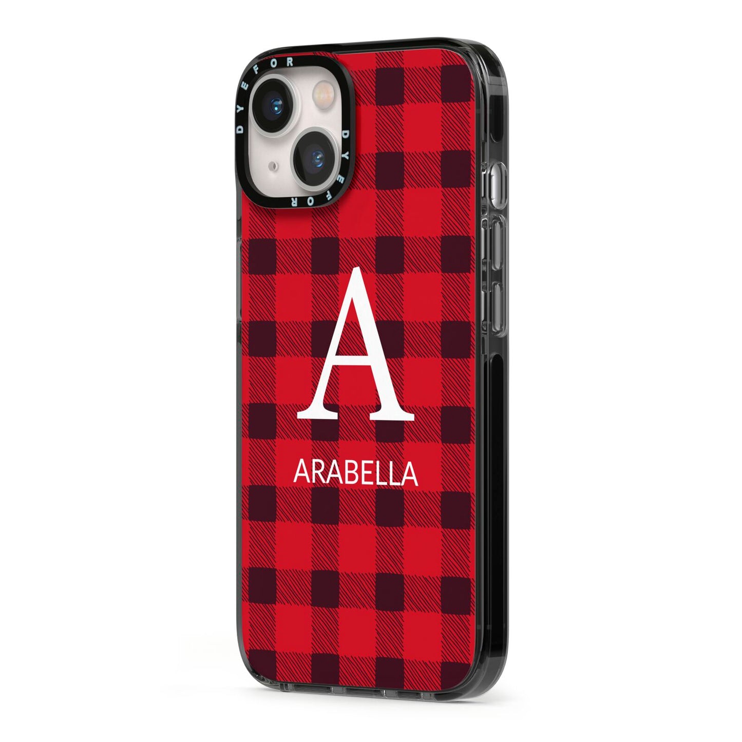 Tartan Christmas Personalised iPhone 13 Black Impact Case Side Angle on Silver phone