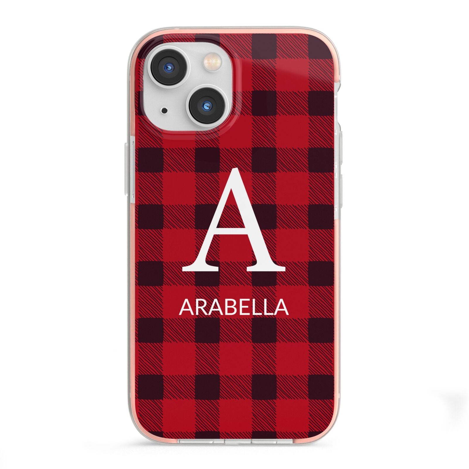 Tartan Christmas Personalised iPhone 13 Mini TPU Impact Case with Pink Edges