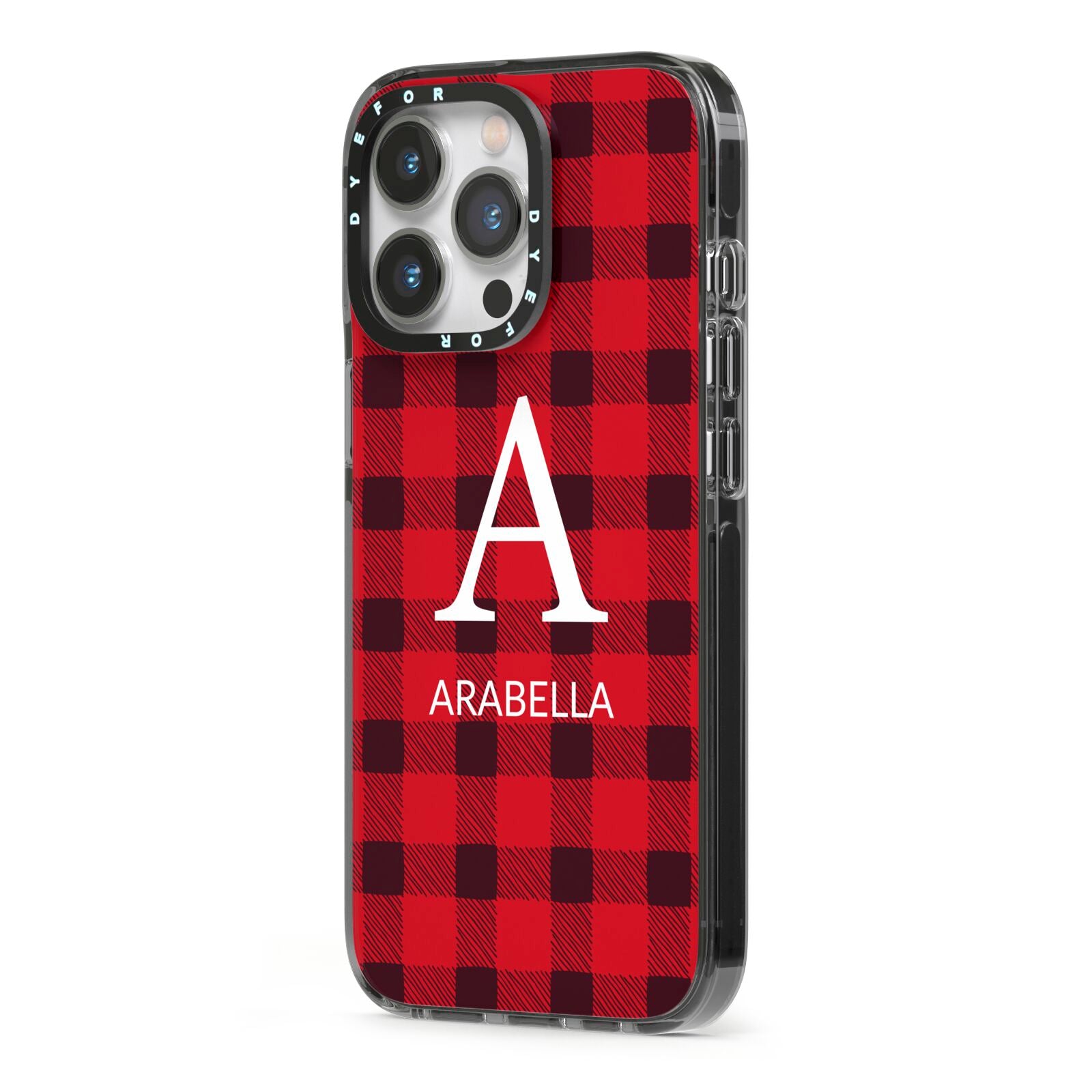 Tartan Christmas Personalised iPhone 13 Pro Black Impact Case Side Angle on Silver phone