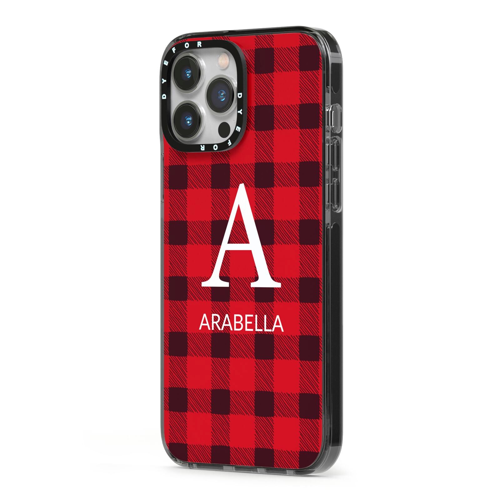 Tartan Christmas Personalised iPhone 13 Pro Max Black Impact Case Side Angle on Silver phone