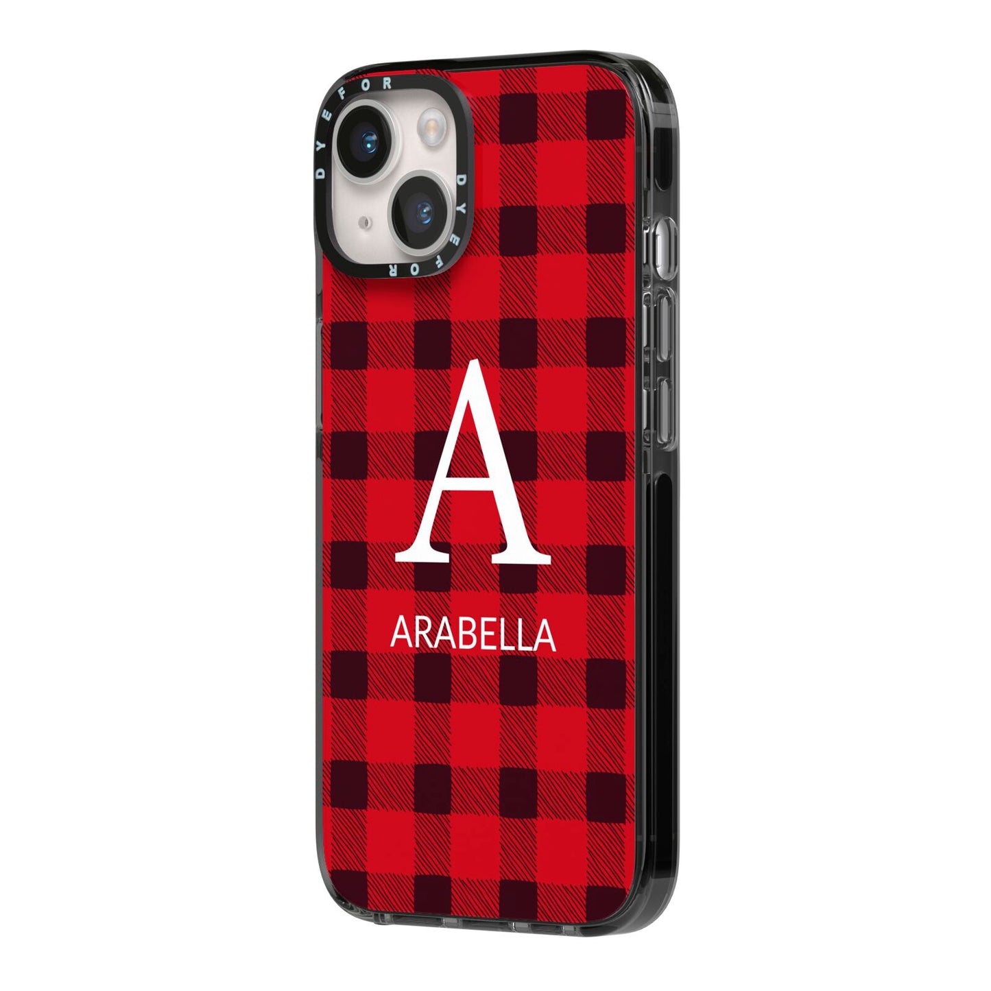 Tartan Christmas Personalised iPhone 14 Black Impact Case Side Angle on Silver phone