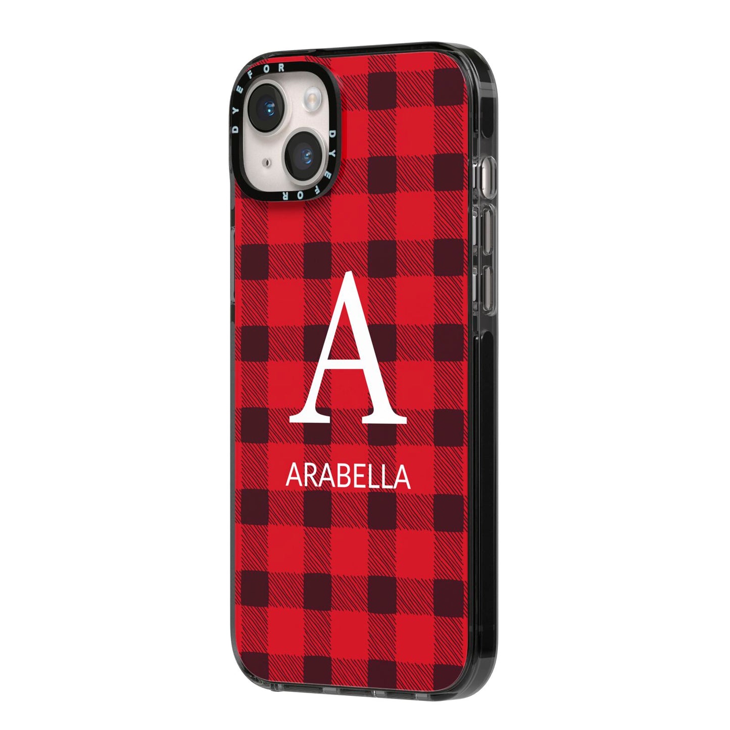 Tartan Christmas Personalised iPhone 14 Plus Black Impact Case Side Angle on Silver phone