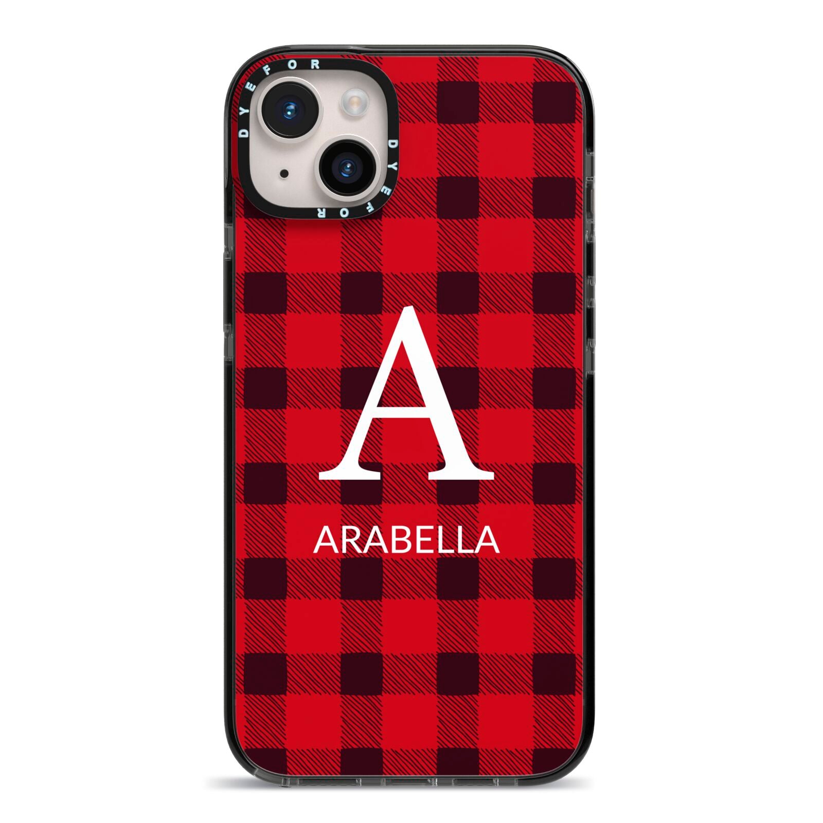 Tartan Christmas Personalised iPhone 14 Plus Black Impact Case on Silver phone