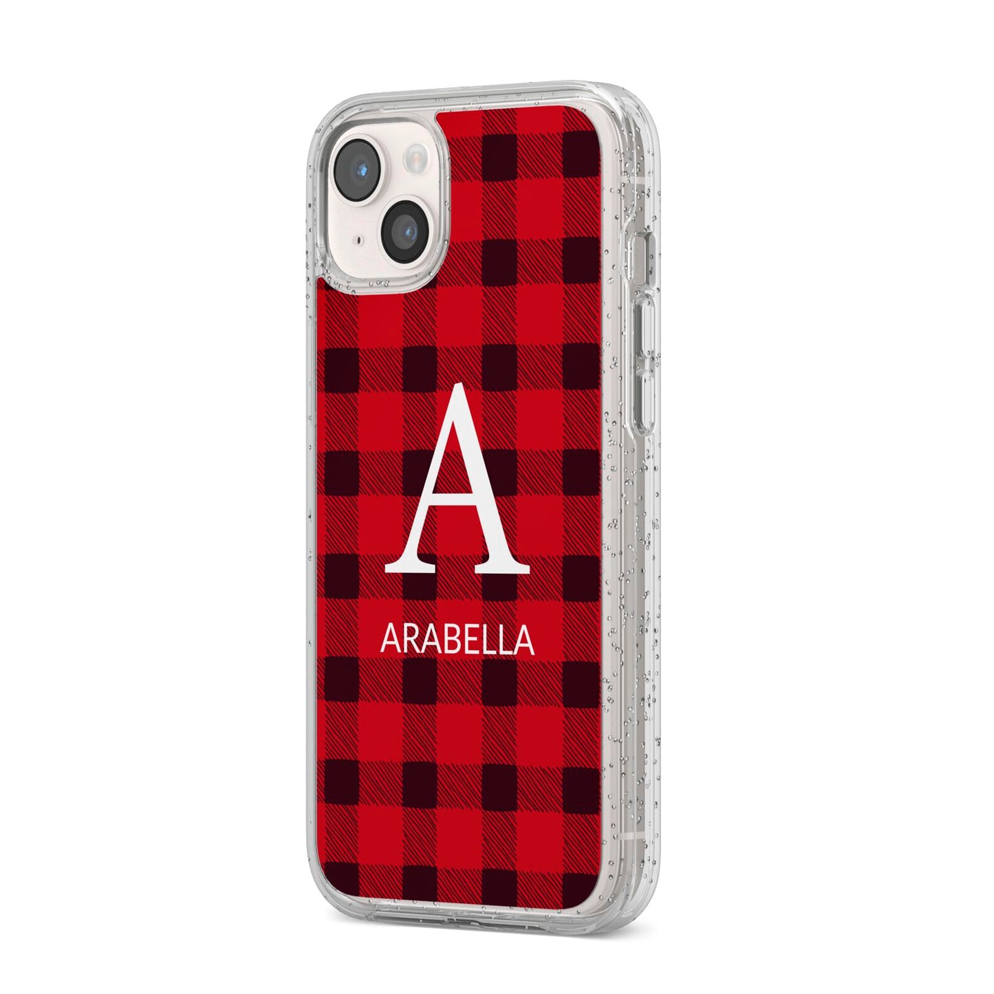 Tartan Christmas Personalised iPhone 14 Plus Glitter Tough Case Starlight Angled Image