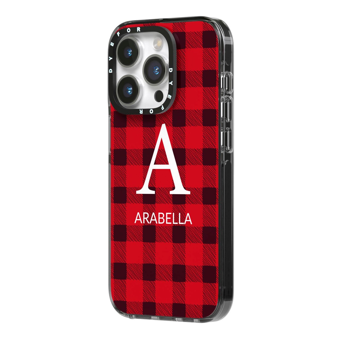 Tartan Christmas Personalised iPhone 14 Pro Black Impact Case Side Angle on Silver phone