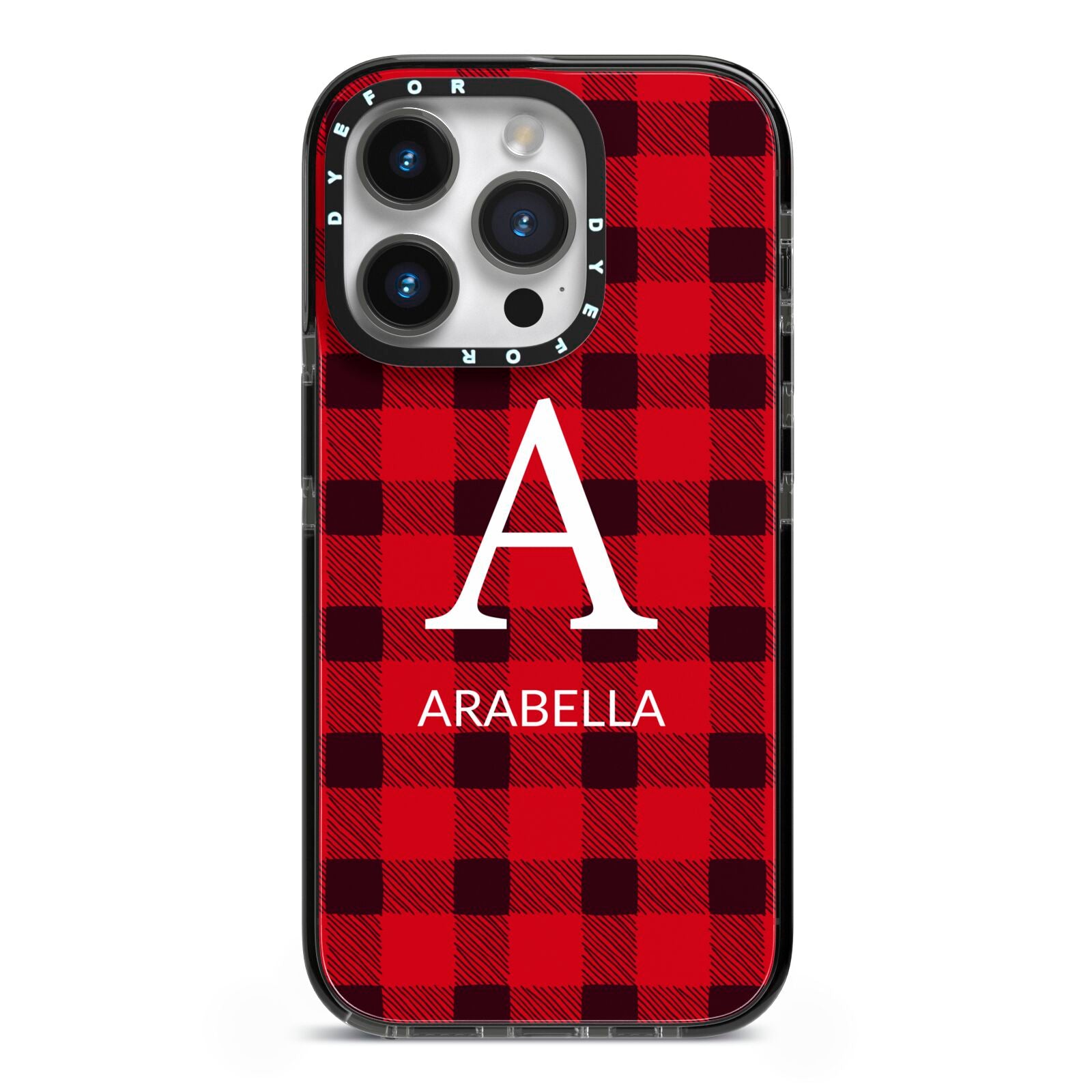 Tartan Christmas Personalised iPhone 14 Pro Black Impact Case on Silver phone