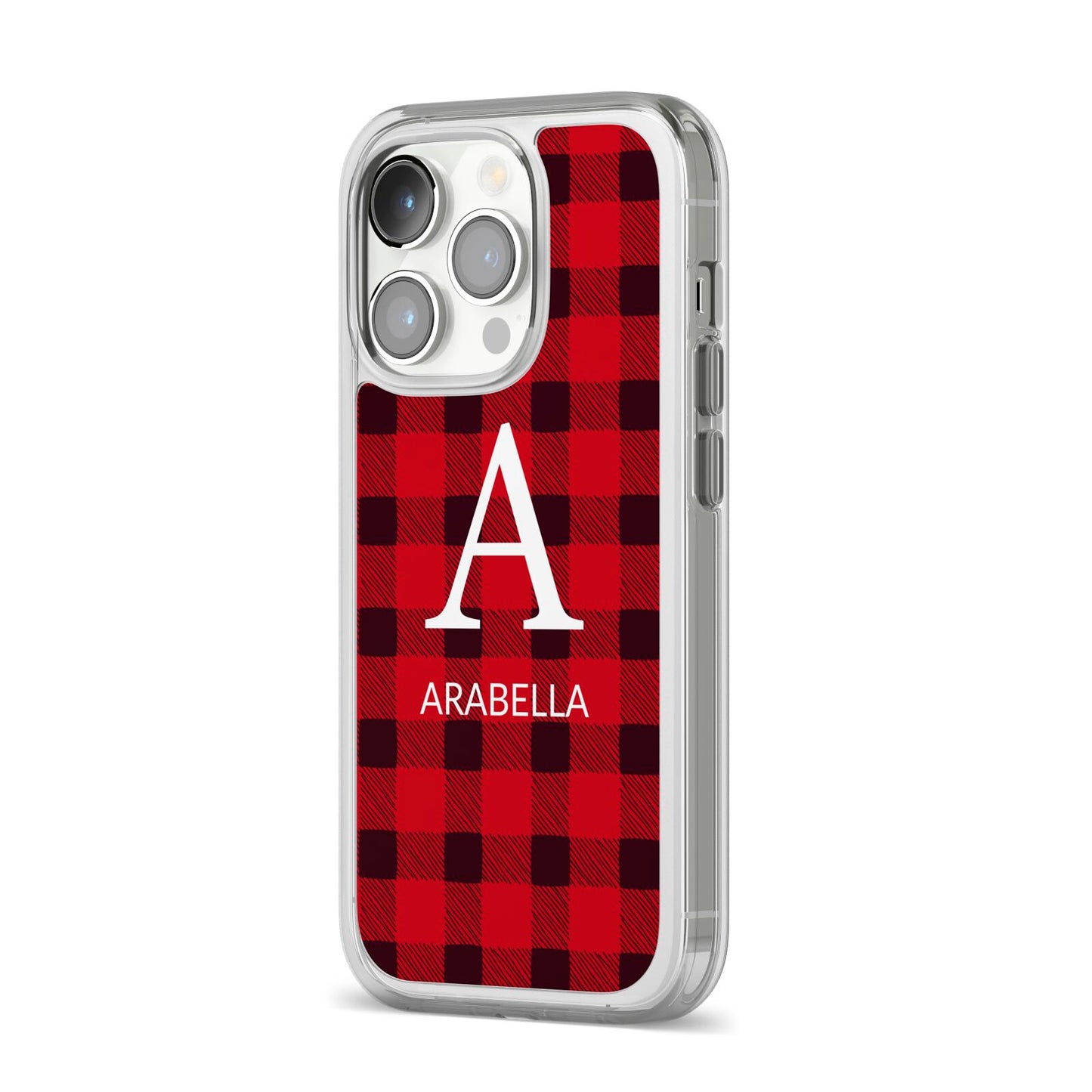 Tartan Christmas Personalised iPhone 14 Pro Clear Tough Case Silver Angled Image