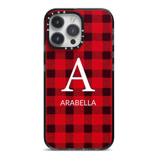 Tartan Christmas Personalised iPhone 14 Pro Max Black Impact Case on Silver phone