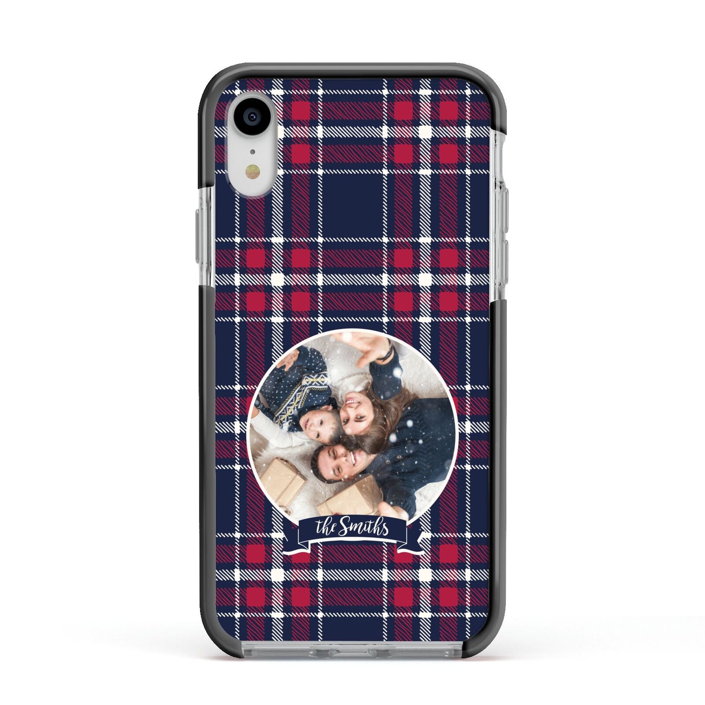 Tartan Christmas Photo Personalised Apple iPhone XR Impact Case Black Edge on Silver Phone