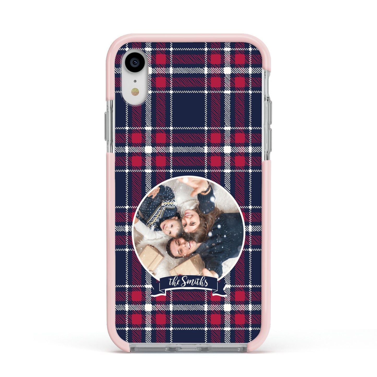 Tartan Christmas Photo Personalised Apple iPhone XR Impact Case Pink Edge on Silver Phone