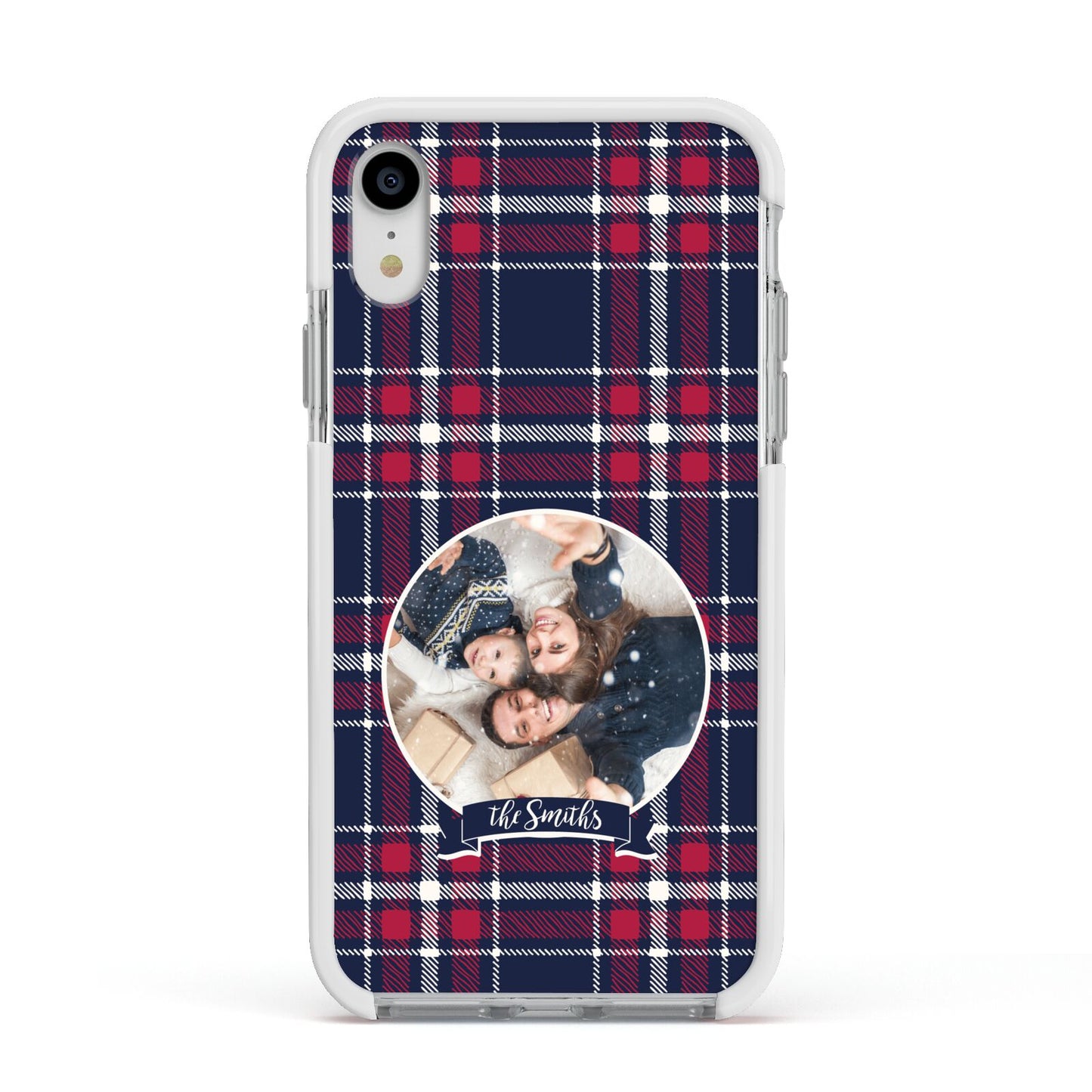 Tartan Christmas Photo Personalised Apple iPhone XR Impact Case White Edge on Silver Phone