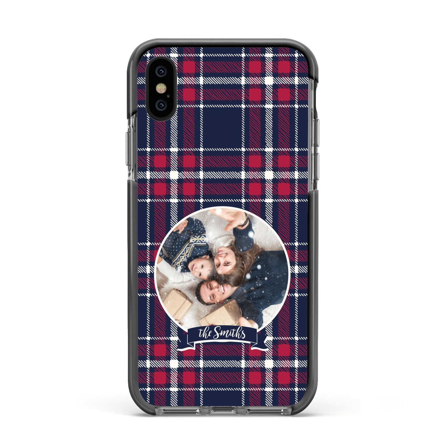 Tartan Christmas Photo Personalised Apple iPhone Xs Impact Case Black Edge on Black Phone