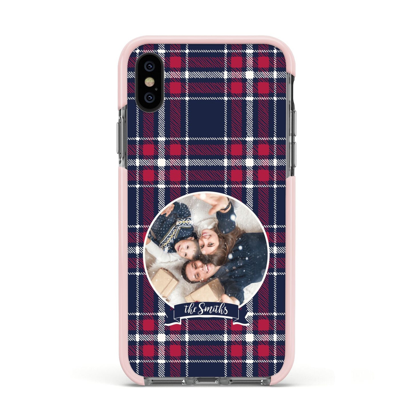 Tartan Christmas Photo Personalised Apple iPhone Xs Impact Case Pink Edge on Black Phone