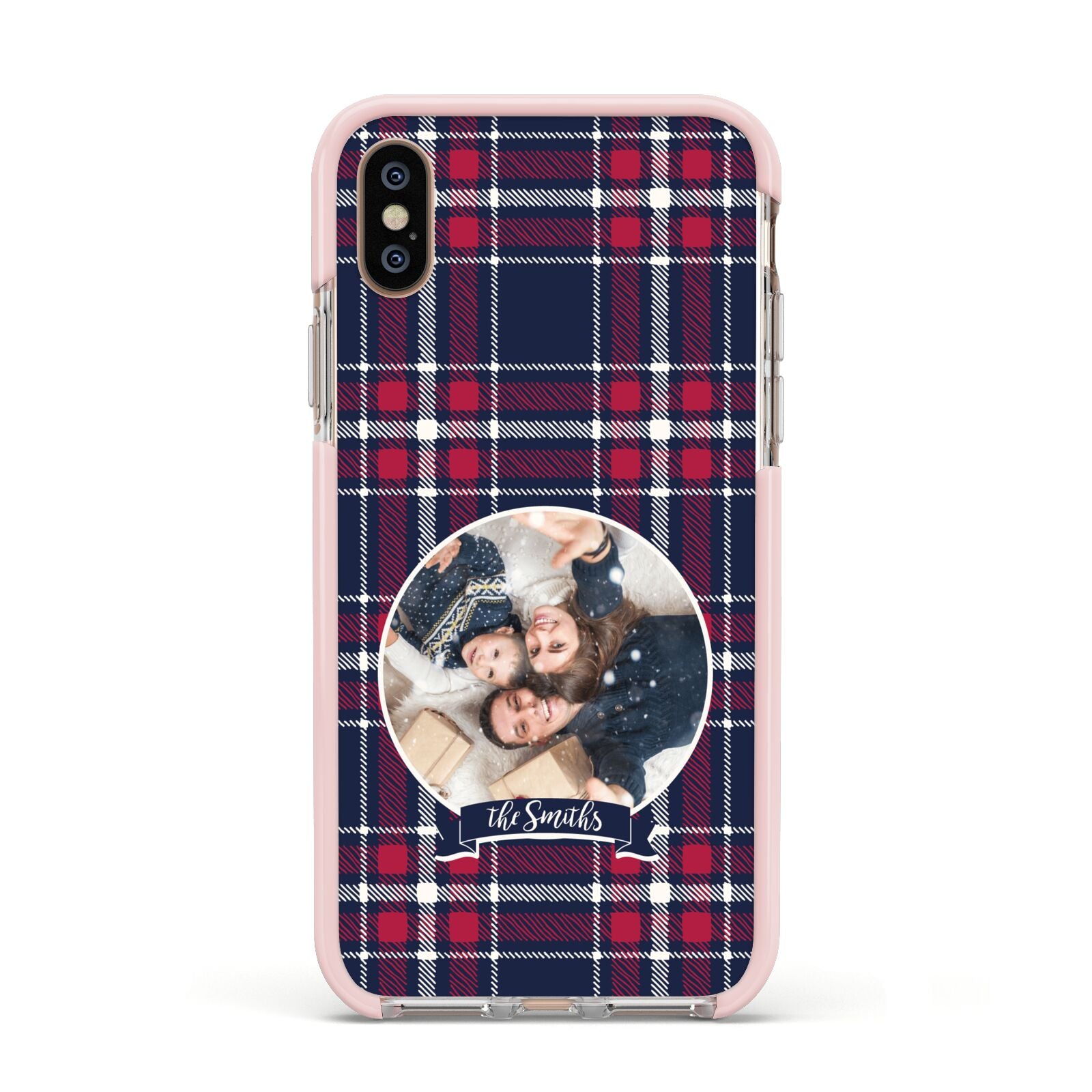 Tartan Christmas Photo Personalised Apple iPhone Xs Impact Case Pink Edge on Gold Phone