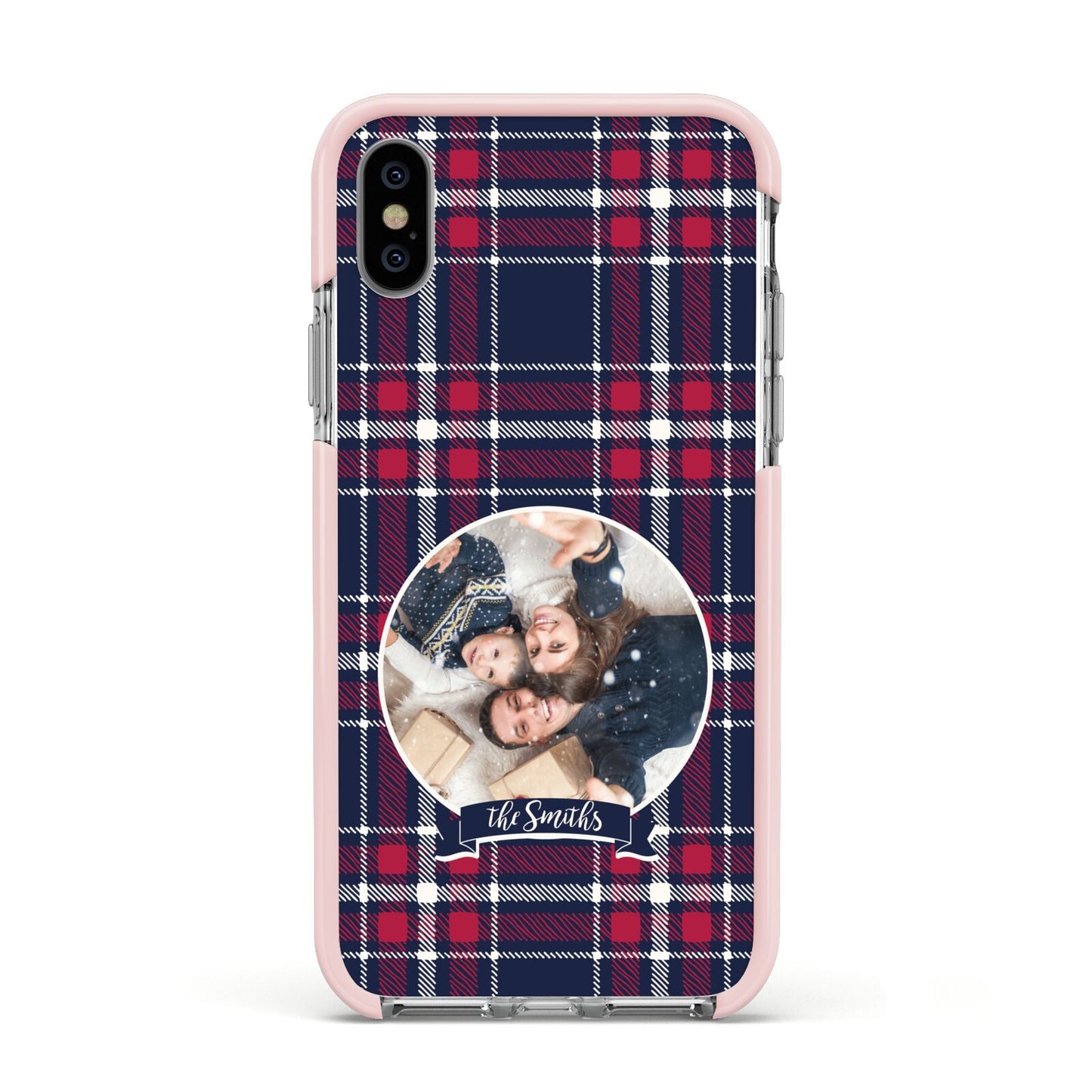 Tartan Christmas Photo Personalised Apple iPhone Xs Impact Case Pink Edge on Silver Phone