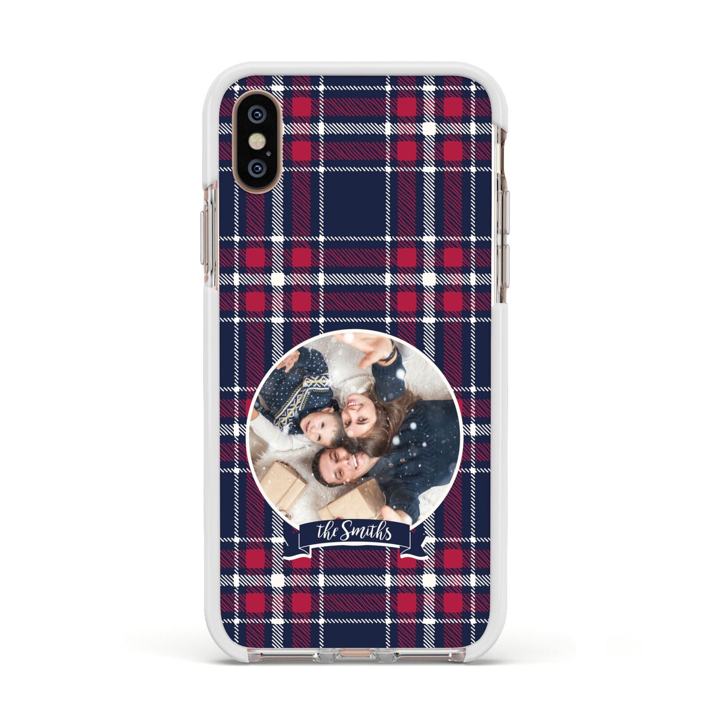 Tartan Christmas Photo Personalised Apple iPhone Xs Impact Case White Edge on Gold Phone