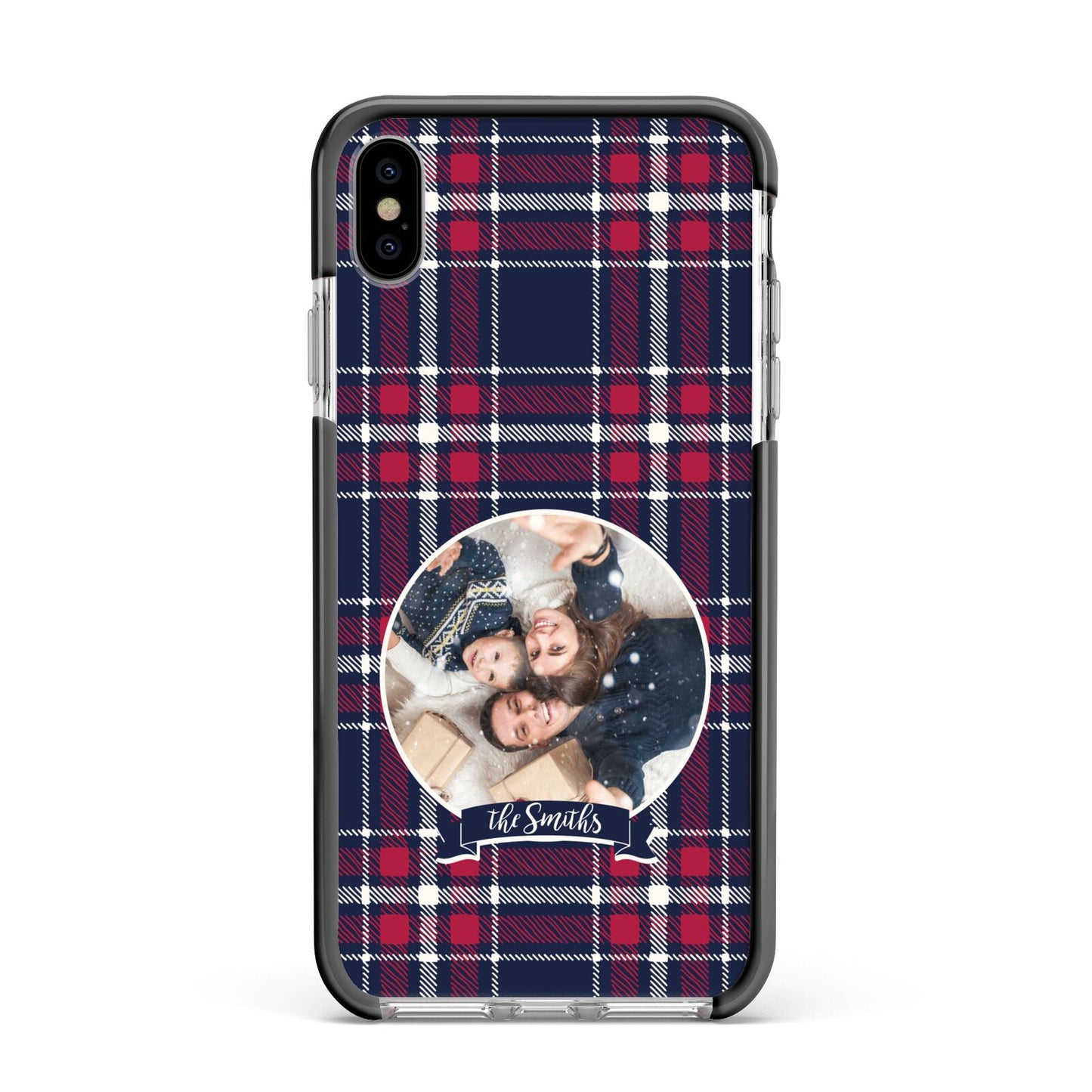 Tartan Christmas Photo Personalised Apple iPhone Xs Max Impact Case Black Edge on Silver Phone