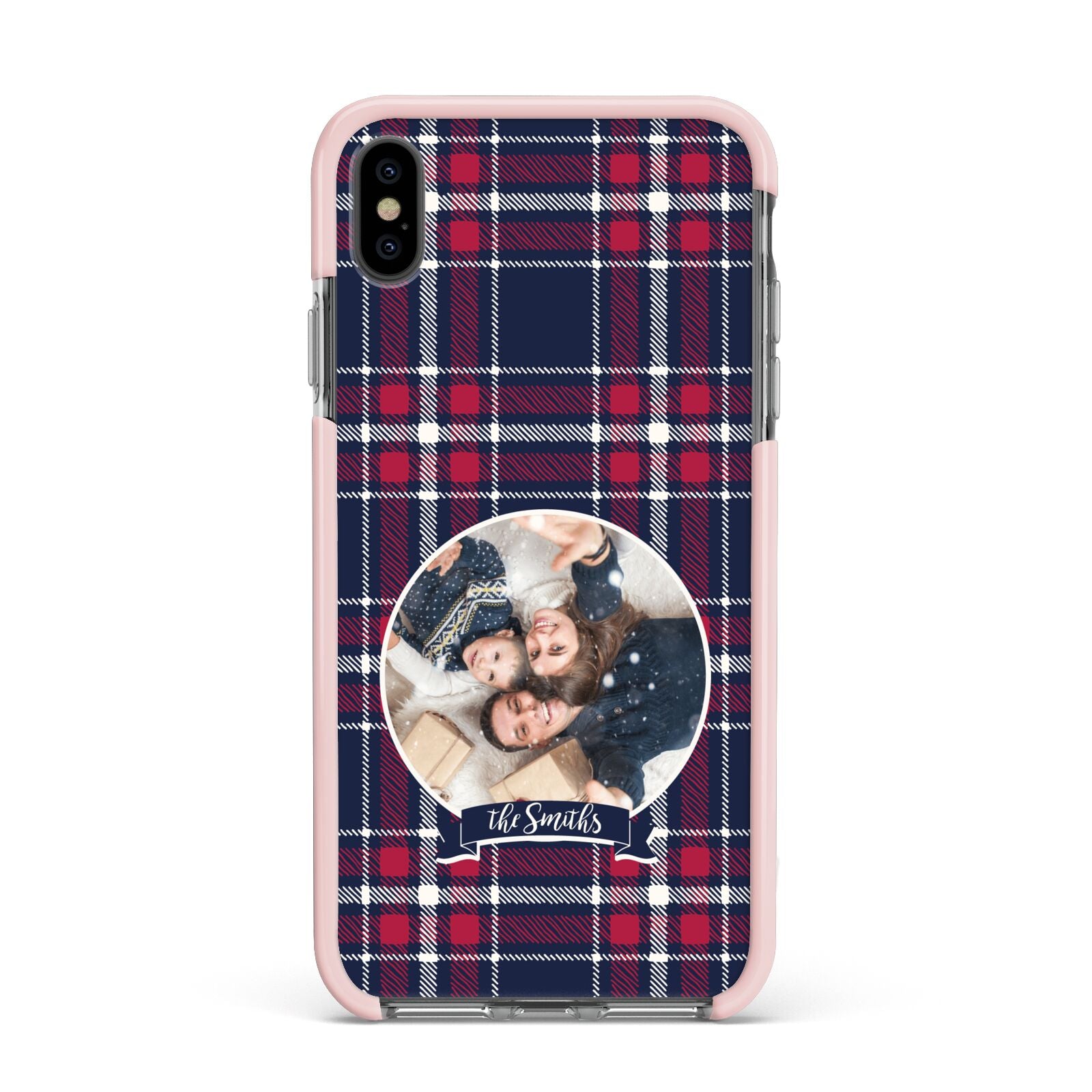 Tartan Christmas Photo Personalised Apple iPhone Xs Max Impact Case Pink Edge on Black Phone