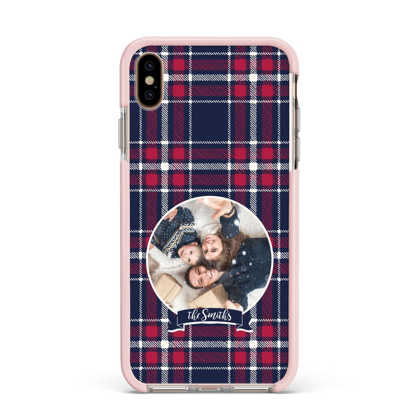 Tartan Christmas Photo Personalised Apple iPhone Xs Max Impact Case Pink Edge on Gold Phone