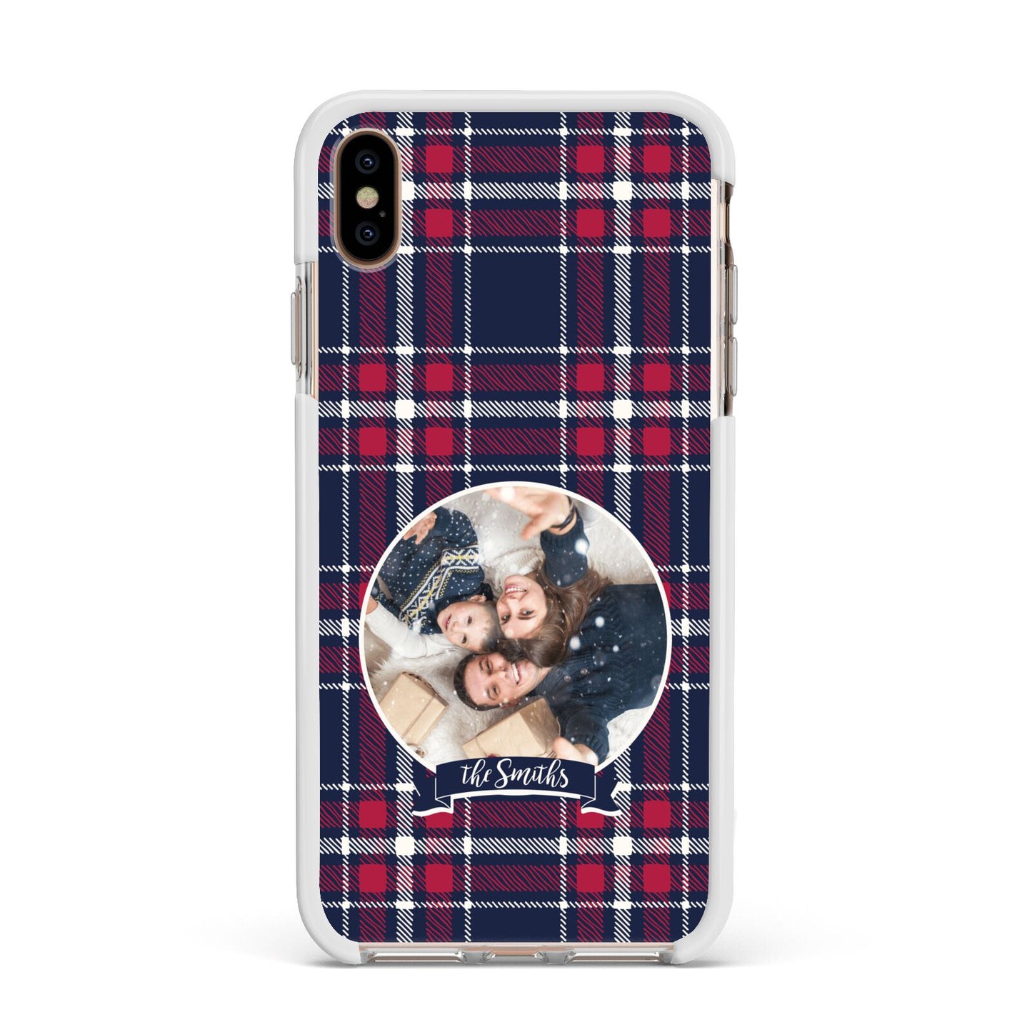 Tartan Christmas Photo Personalised Apple iPhone Xs Max Impact Case White Edge on Gold Phone