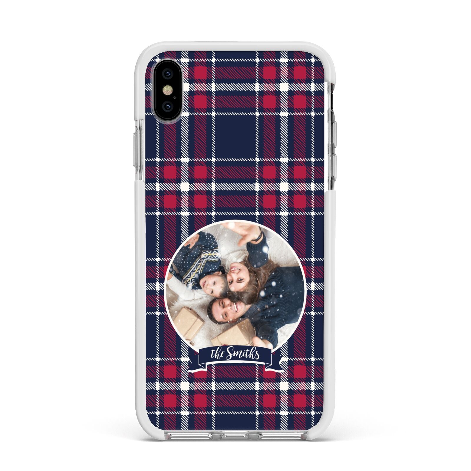 Tartan Christmas Photo Personalised Apple iPhone Xs Max Impact Case White Edge on Silver Phone