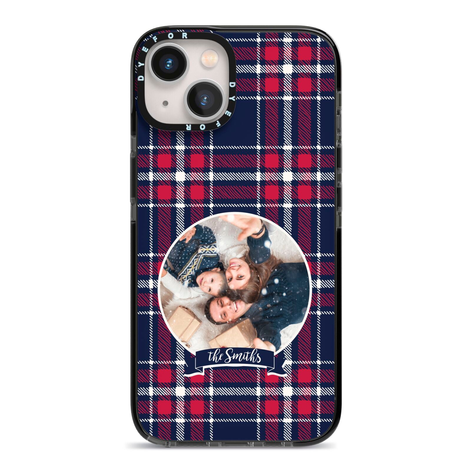 Tartan Christmas Photo Personalised iPhone 13 Black Impact Case on Silver phone