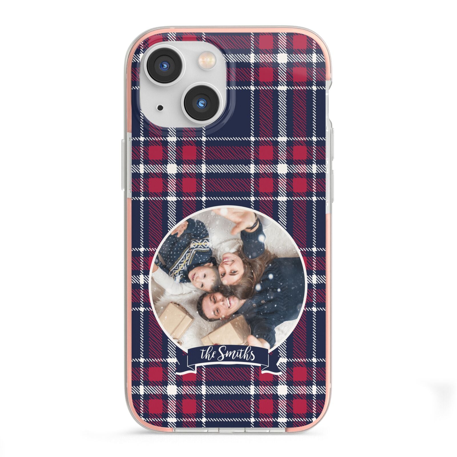 Tartan Christmas Photo Personalised iPhone 13 Mini TPU Impact Case with Pink Edges