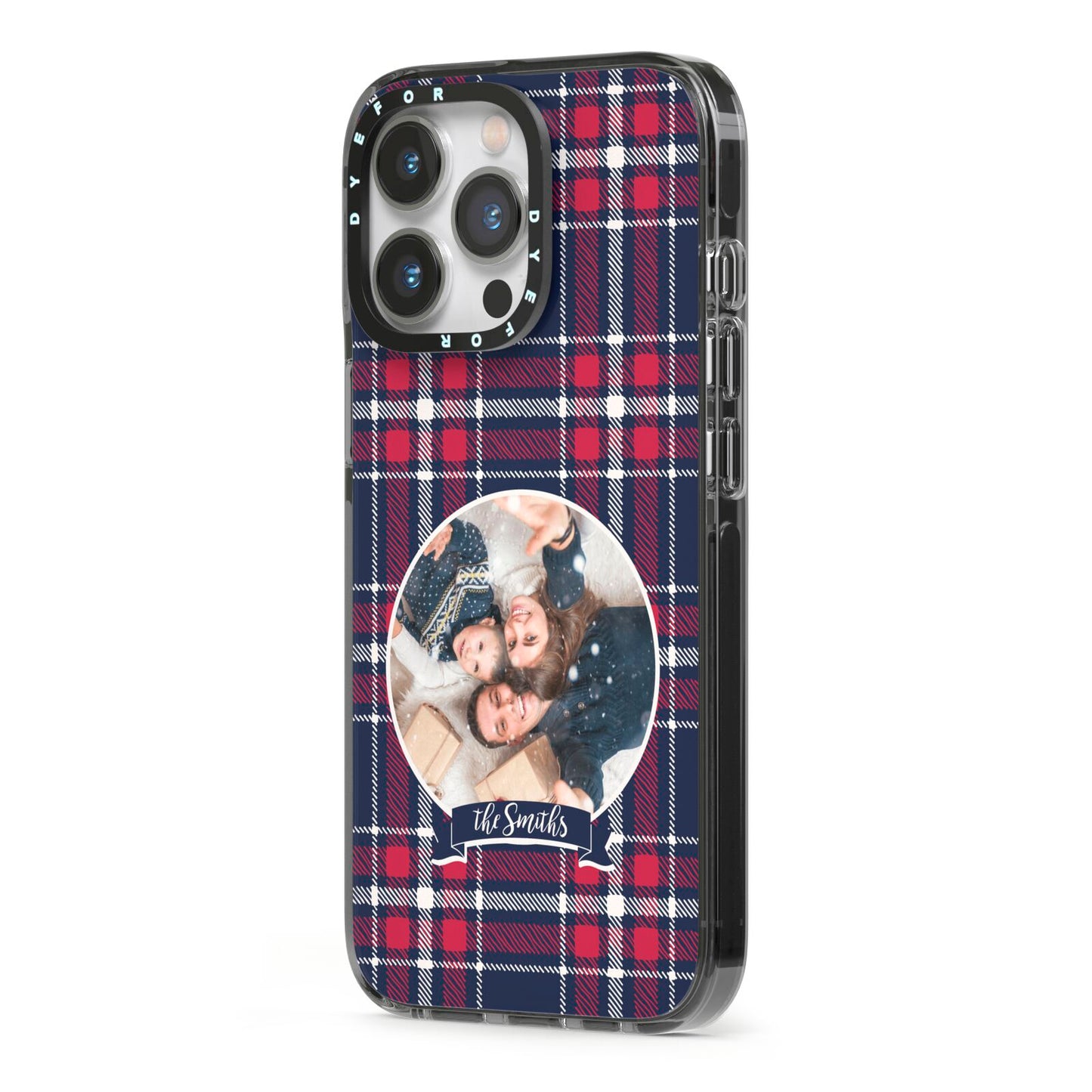 Tartan Christmas Photo Personalised iPhone 13 Pro Black Impact Case Side Angle on Silver phone