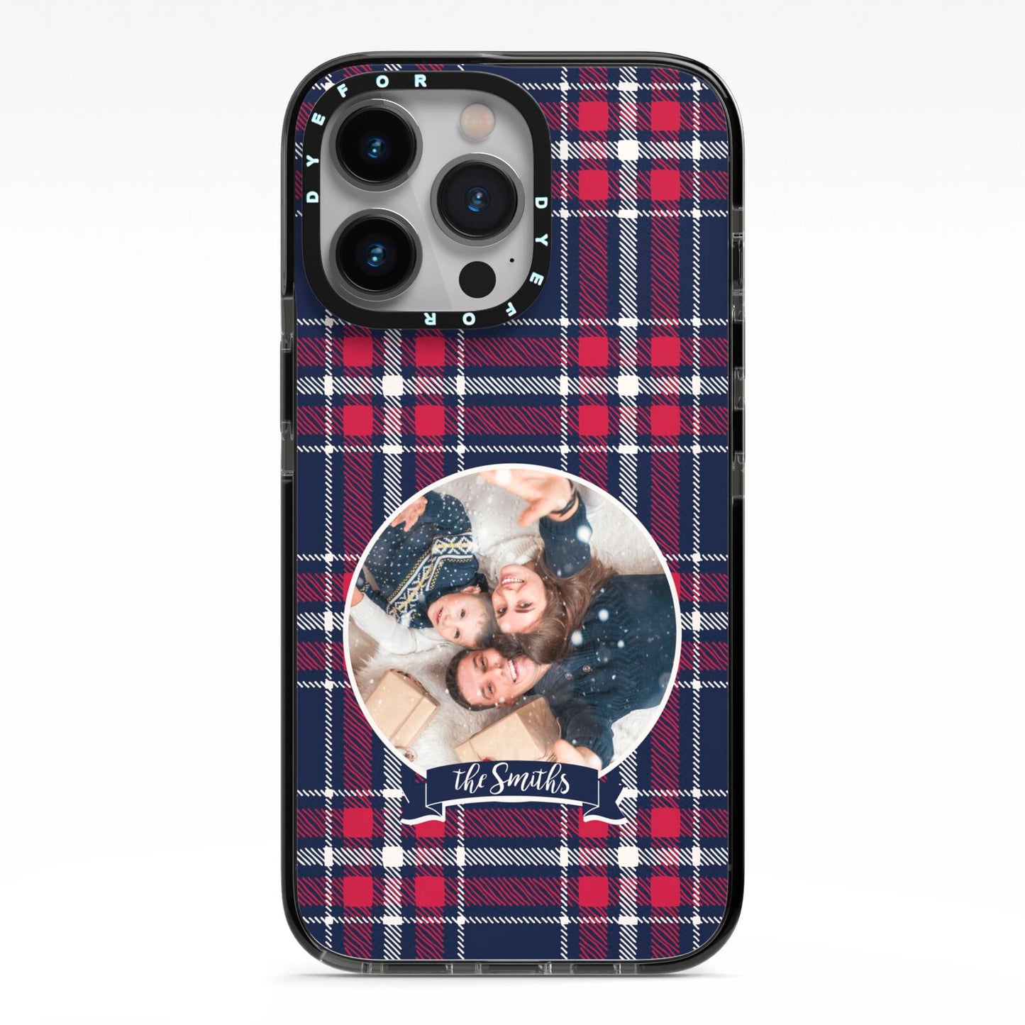 Tartan Christmas Photo Personalised iPhone 13 Pro Black Impact Case on Silver phone