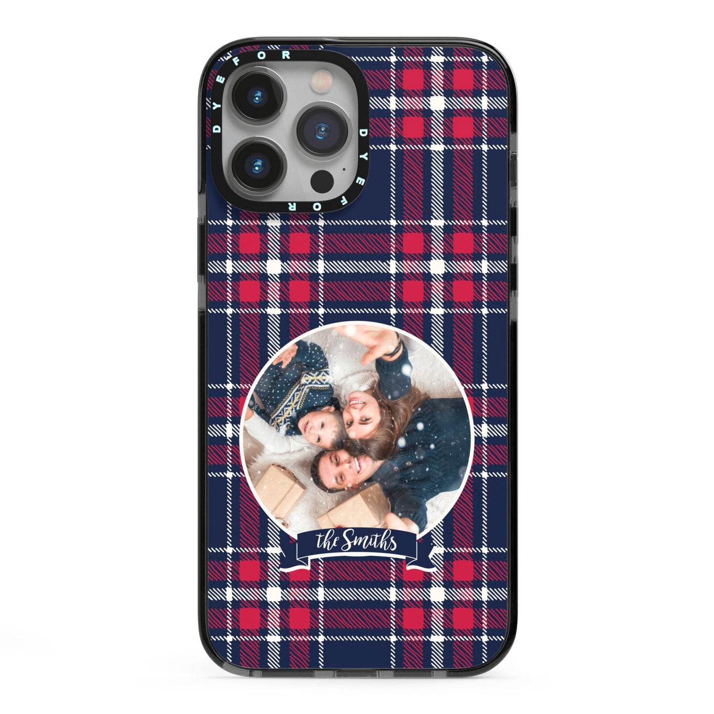 Tartan Christmas Photo Personalised iPhone 13 Pro Max Black Impact Case on Silver phone