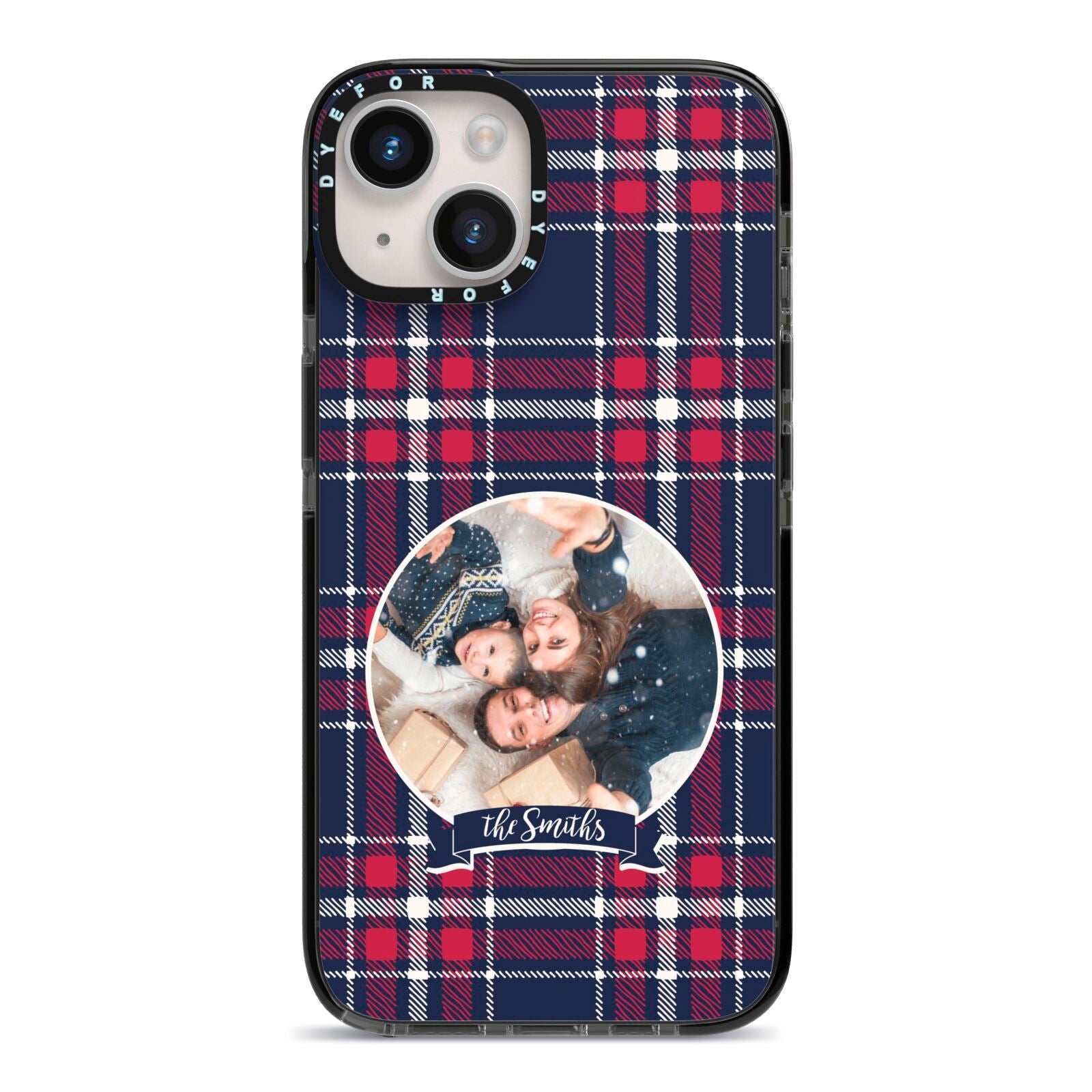 Tartan Christmas Photo Personalised iPhone 14 Black Impact Case on Silver phone