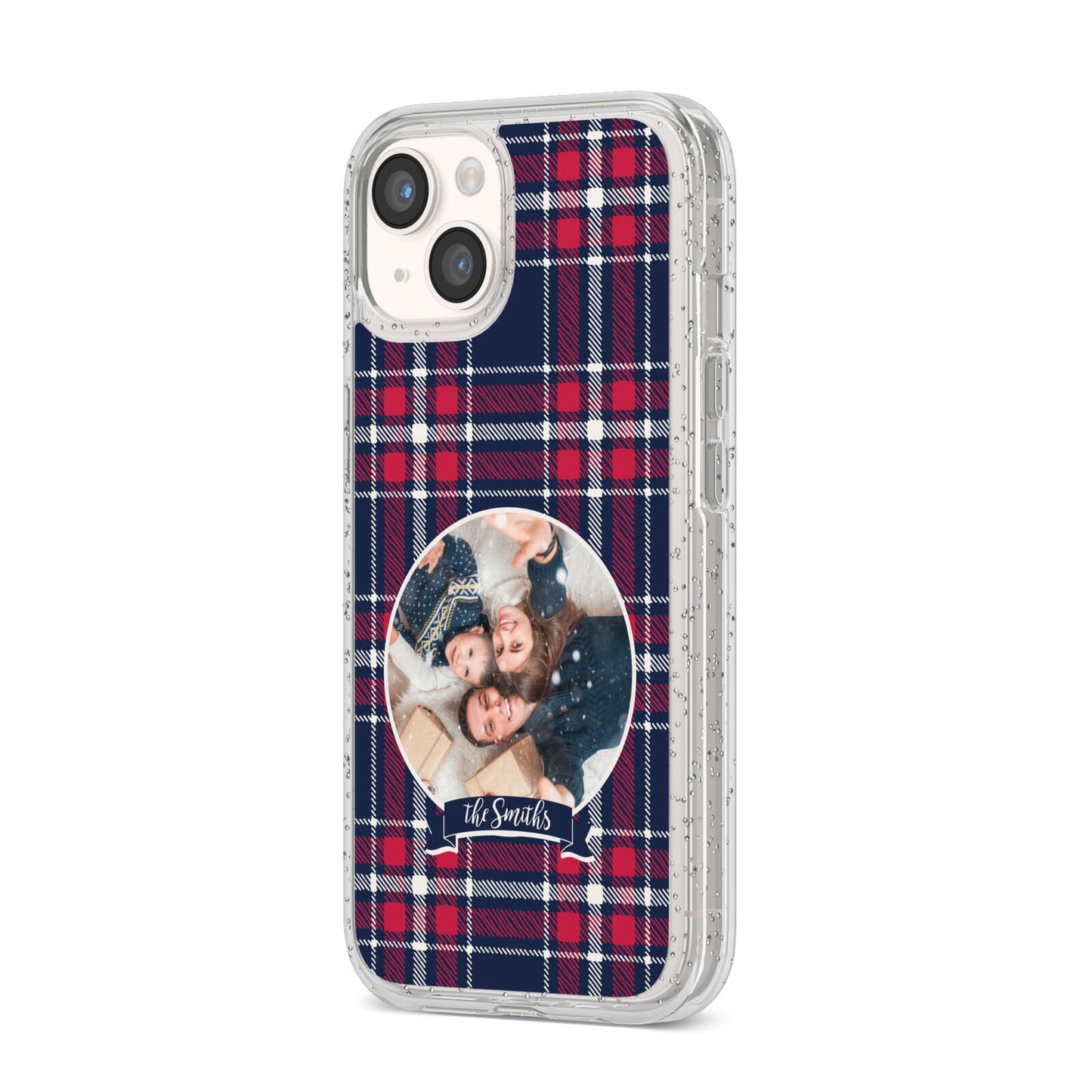 Tartan Christmas Photo Personalised iPhone 14 Glitter Tough Case Starlight Angled Image