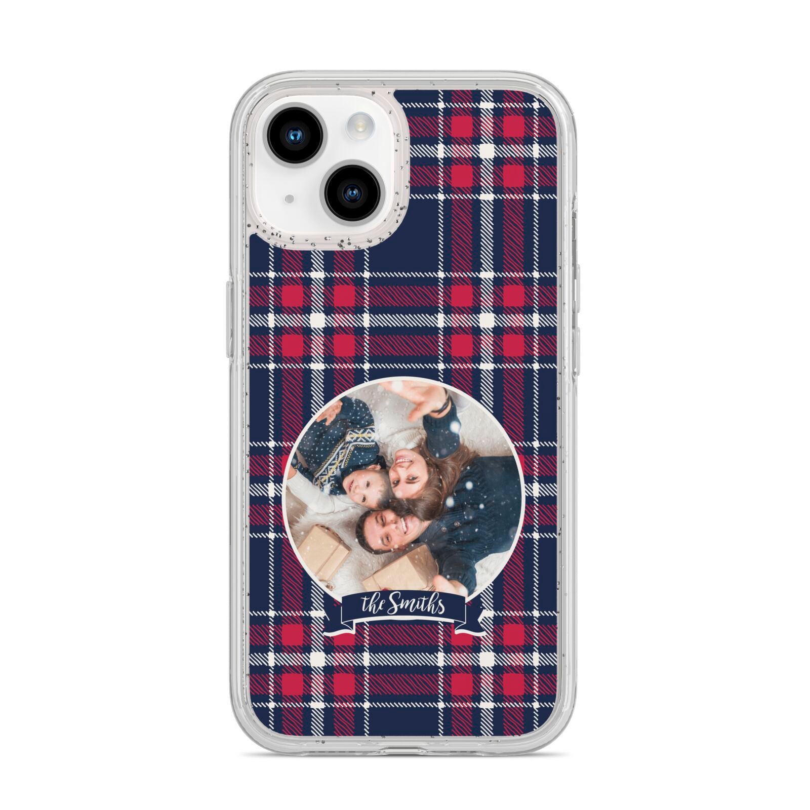 Tartan Christmas Photo Personalised iPhone 14 Glitter Tough Case Starlight