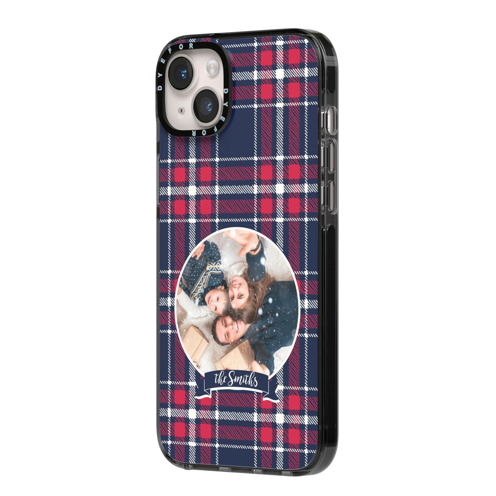 Tartan Christmas Photo Personalised iPhone 14 Plus Black Impact Case Side Angle on Silver phone