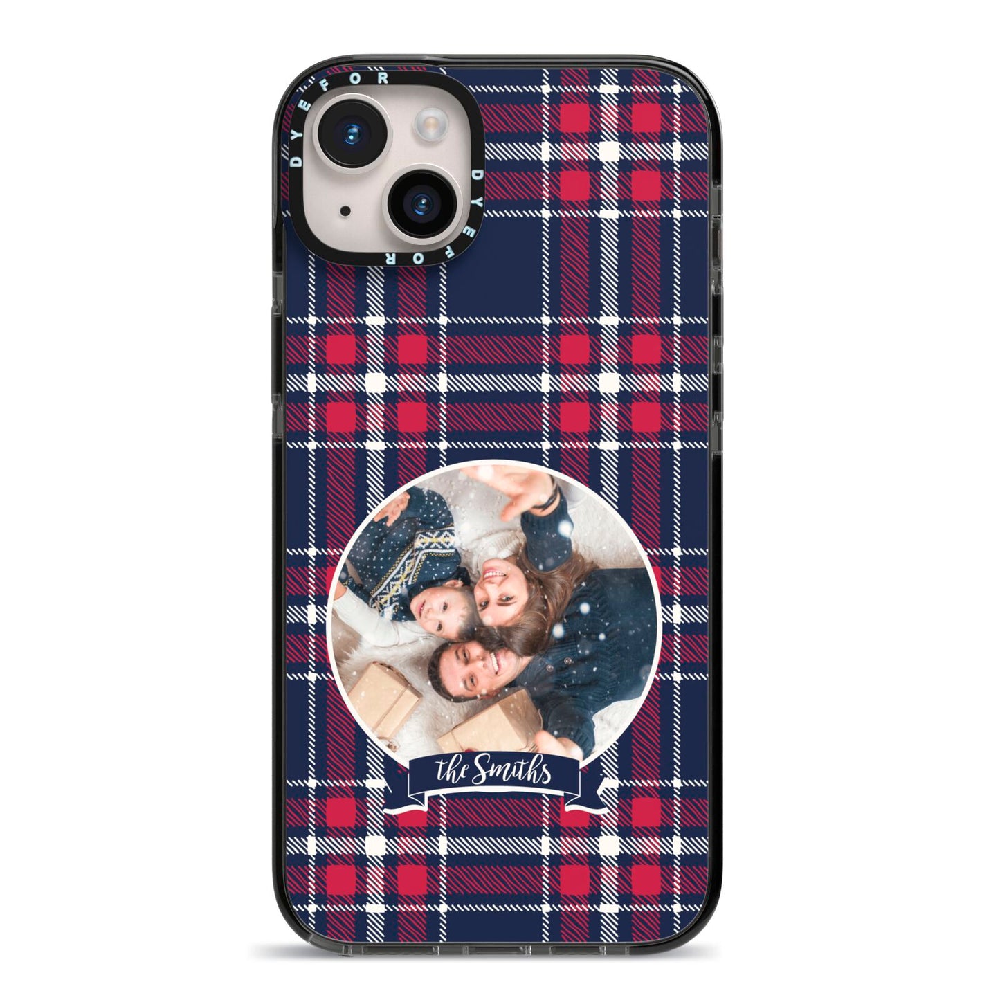 Tartan Christmas Photo Personalised iPhone 14 Plus Black Impact Case on Silver phone