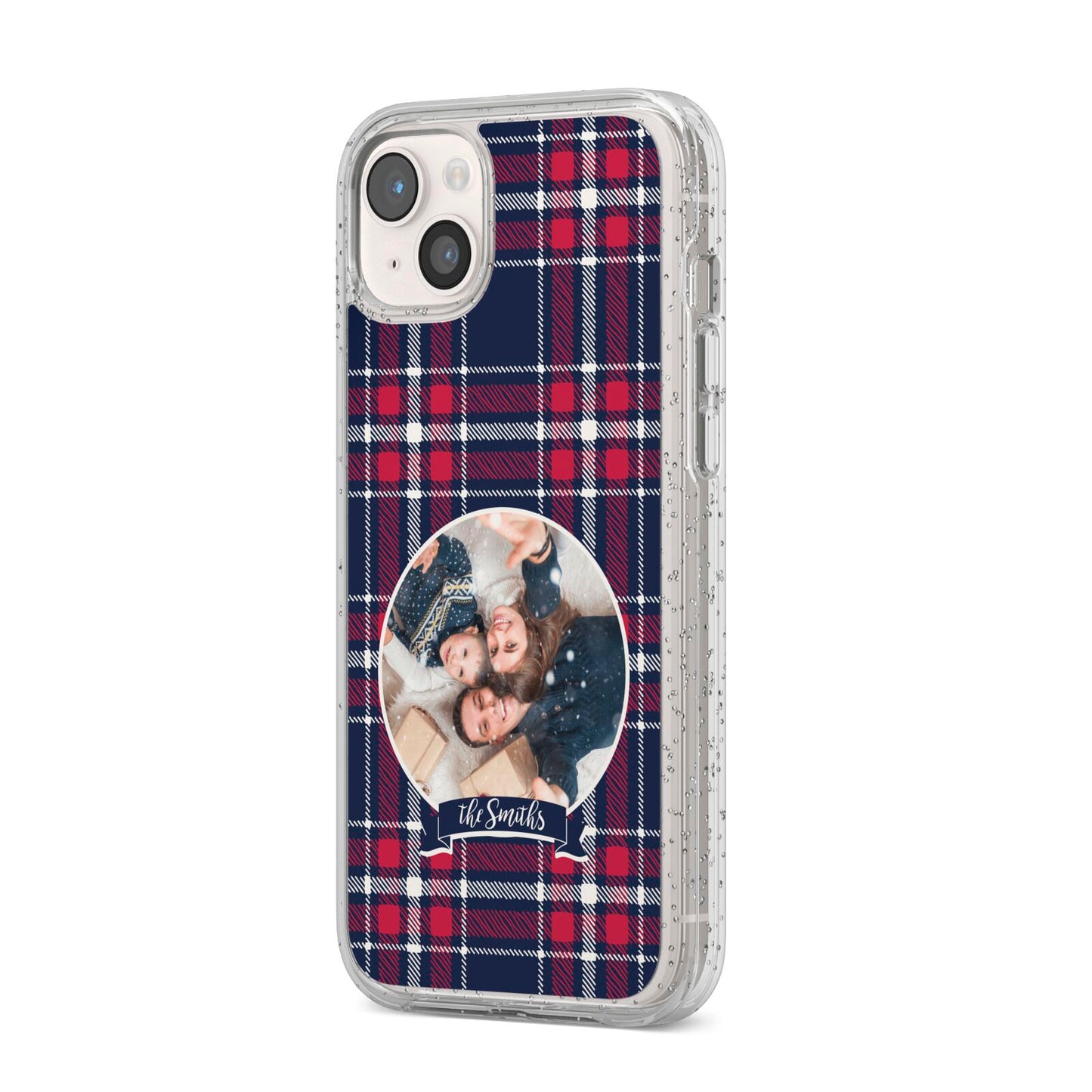 Tartan Christmas Photo Personalised iPhone 14 Plus Glitter Tough Case Starlight Angled Image