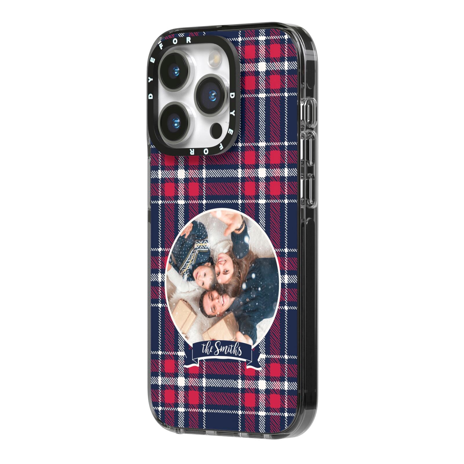 Tartan Christmas Photo Personalised iPhone 14 Pro Black Impact Case Side Angle on Silver phone