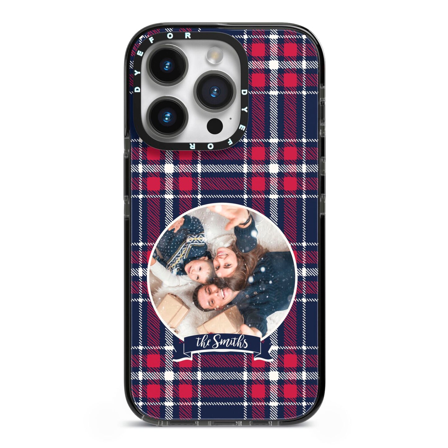 Tartan Christmas Photo Personalised iPhone 14 Pro Black Impact Case on Silver phone