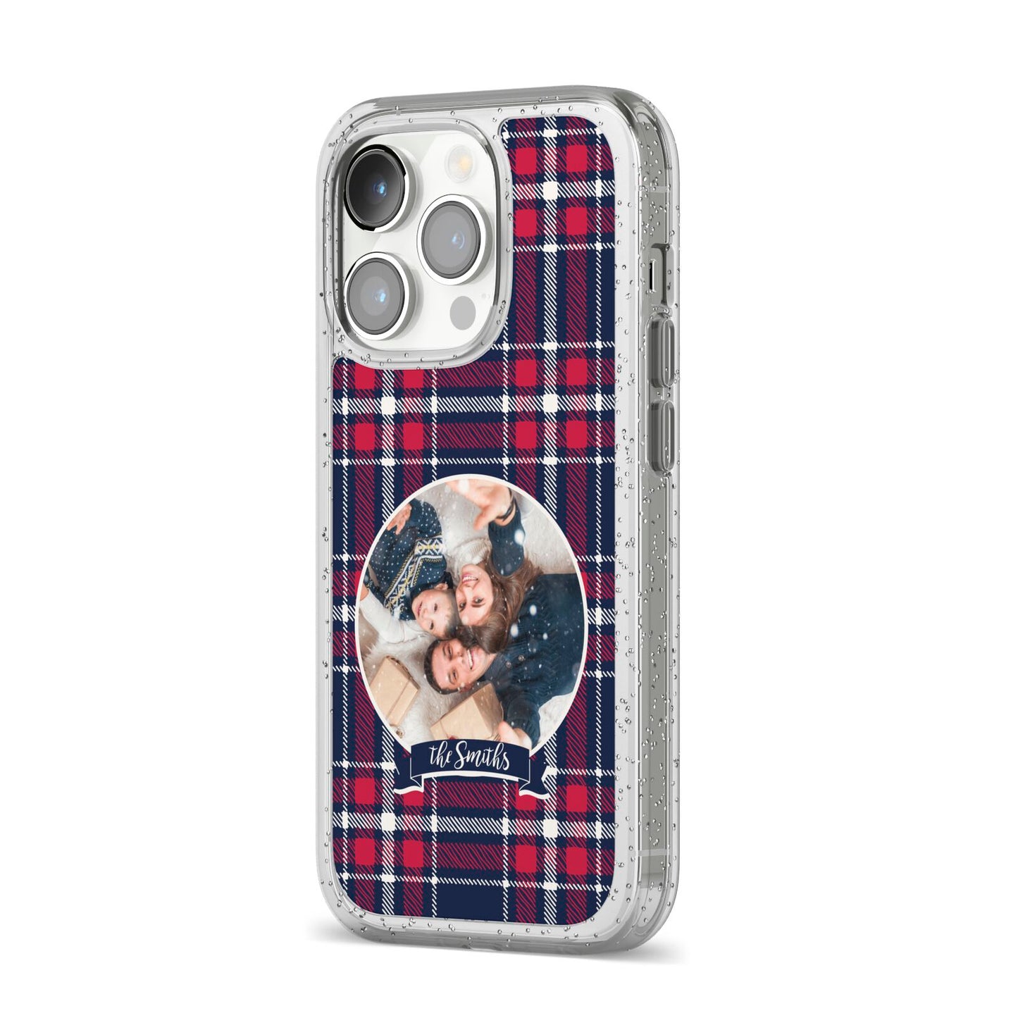 Tartan Christmas Photo Personalised iPhone 14 Pro Glitter Tough Case Silver Angled Image